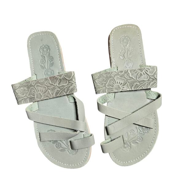 Mexican Leather Green Embroidered Strap Sandals Size: 9 - Picture 1 of 6